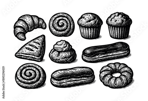 A diverse collection of classic baked goods including croissants, muffins, eclairs, and rolls, rendered in a detailed vintage woodcut engraving style on a white background — stock vector.