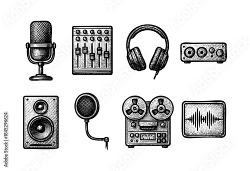 A collection of hand-drawn vintage audio recording and production equipment, including a microphone, mixer, headphones, and tape recorder, in an etched style — stock vector.