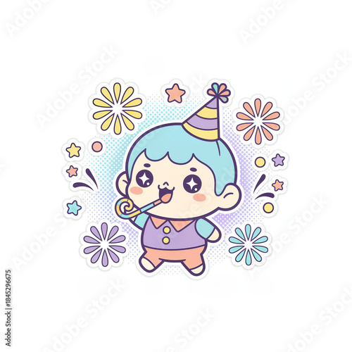 Cute Kawaii New Year Celebration Sticker. Happy Party Vector Illustration.