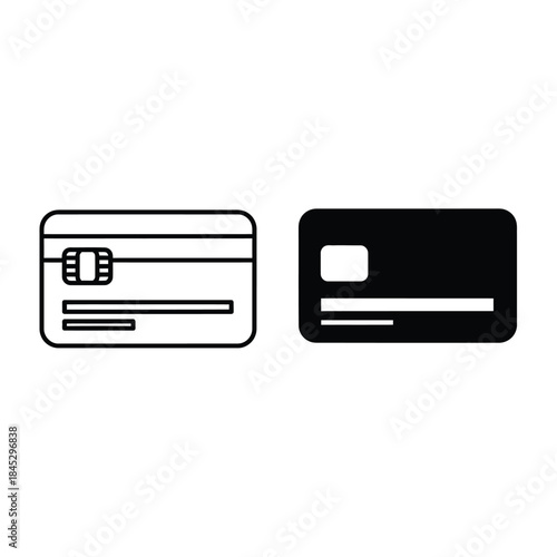 Minimalist Black and White Credit Card Icon Set with Chip and Without Chip for Financial and Payment Graphics