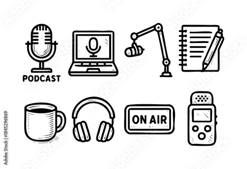 A hand-drawn collection of black and white doodle icons representing essential podcasting, audio recording, and broadcasting equipment and elements for digital content creation — stock vector.