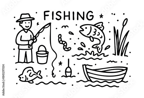Simple doodle art showing a man fishing with a rod, a boat, and jumping fish, surrounded by elements of nature and the word "FISHING" — stock vector.