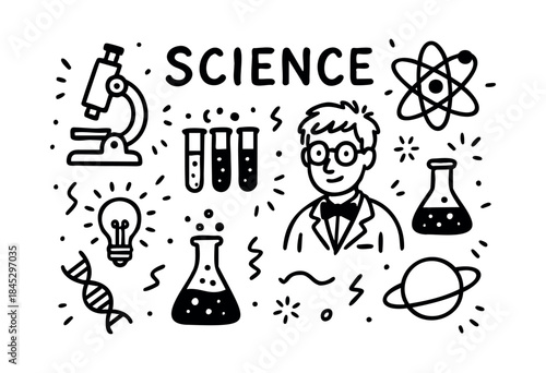 A playful, hand-drawn black and white vector illustration depicting various scientific elements like a microscope, test tubes, atom, DNA, and a scientist, along with the word "SCIENCE" — stock vector.