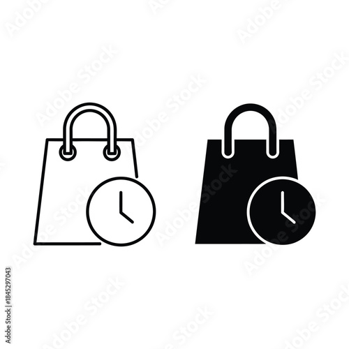 Urgent Shopping & Delivery: Black & White Shopping Bags with Clock Icons for Time-Sensitive Orders
