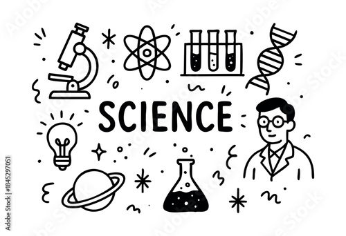 A playful, hand-drawn black and white doodle illustration featuring scientific icons like a microscope, DNA, atom, and test tubes, alongside a scientist and the word 'SCIENCE' — stock vector.