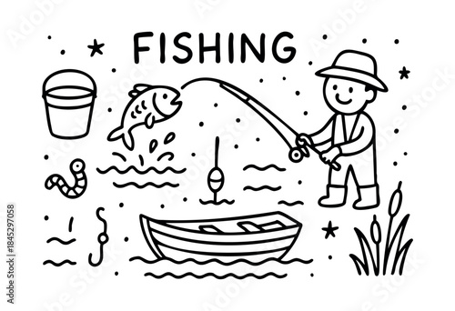 A charming hand-drawn doodle illustration depicts a happy fisherman catching a fish, surrounded by various fishing elements like a boat, bobber, and bait on a white background — stock vector.