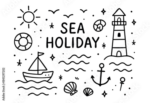 A charming hand-drawn collection of sea and holiday themed elements like a lighthouse, sailboat, sun, and seashells, with "SEA HOLIDAY" lettering on a white background — stock vector.