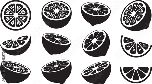 Lemon Slices and Halves Icons in Black and White on White Background vector illustration