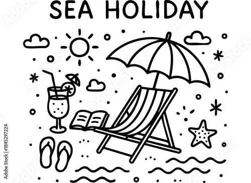 A charming hand-drawn collection of sea and holiday themed elements like a lighthouse, sailboat, sun, and seashells, with "SEA HOLIDAY" lettering on a white background — stock vector.