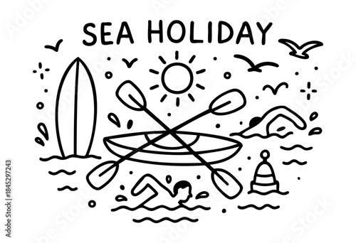 A playful hand-drawn line art illustration depicting various summer sea holiday activities such as surfing, kayaking, and swimming under the bright sun — stock vector.