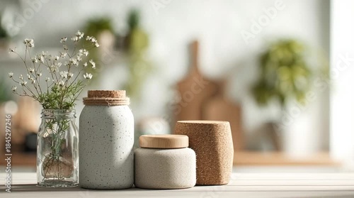 Natural textures of decorative jars and plants in a minimalist kitchen scenery