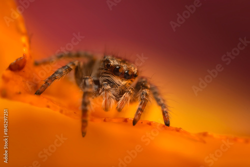 Fototapeta An aesthetically pleasing and eye-catching photograph of a spider against a background dominated by warm colors