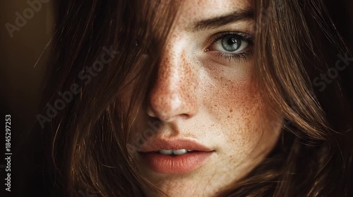 Intimate close-up portrait of a beautiful young woman with freckles and soft natural light