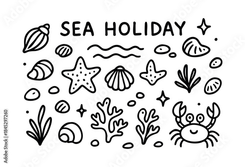 A charming hand-drawn collection of marine elements including seashells, starfish, crab, coral, and seaweed with "SEA HOLIDAY" text, perfect for summer vacation themes — stock vector.