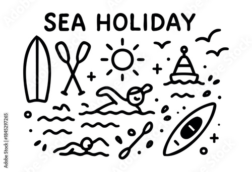 A charming hand-drawn doodle illustration featuring various summer holiday elements like surfing, swimming, kayaking, and a sunny beach scene, accompanied by the 'SEA HOLIDAY' text — stock vector.