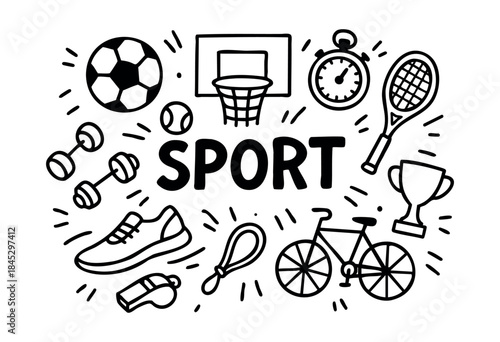 A charming doodle-style illustration featuring various sports equipment and elements surrounding the central word "SPORT", emphasizing fitness and active lifestyles — stock vector.