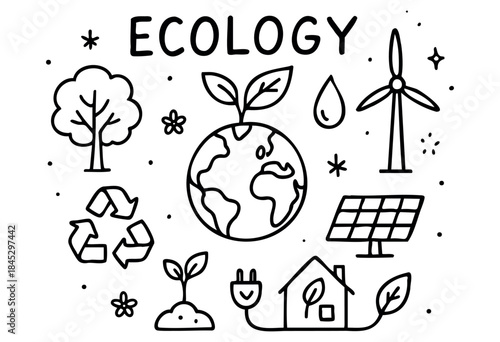 A collection of hand-drawn black and white icons representing ecology, including the earth, trees, wind turbines, solar panels, and recycling symbols.