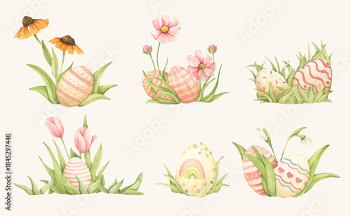 Watercolor easter grass set with painted easter egg, spring garden farm style, floral decoration, cute holiday illustration, happy easter celebration, bunny hunt scene.