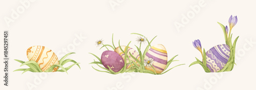 Watercolor easter grass set with painted easter egg, spring garden farm style, floral decoration, cute holiday illustration, happy easter celebration, bunny hunt scene.