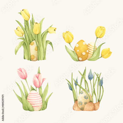 Watercolor easter grass set with painted easter egg, spring garden farm style, floral decoration, cute holiday illustration, happy easter celebration, bunny hunt scene.