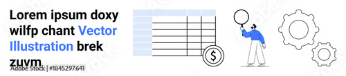 Individual with speech bubble observing a financial table beside currency symbol and cogwheels. Ideal for finance, teamwork, planning, productivity, data analysis, decision-making, simple landing