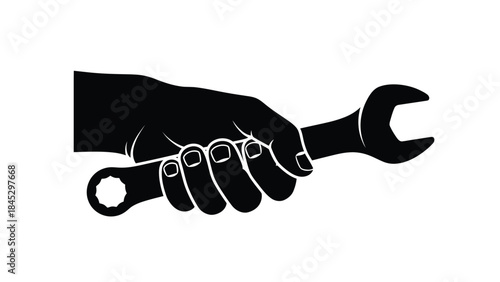 A hand firmly gripping a wrench symbolizing repair and mechanical work