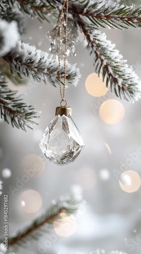 Wallpaper Mural Sparkling crystal ornament on snowy pine branch with bokeh lights Torontodigital.ca