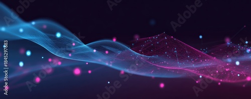 Abstract glowing blue and pink digital mesh waves against dark background.