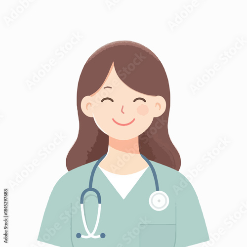 Illustration of a smiling female nurse, minimalist flat design, white background