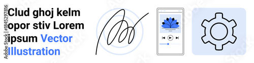 Abstract digital signature, smartphone with media app, gear for settings, and text design. Ideal for tech innovation, automation, creative apps, communication, business tools digital design simple