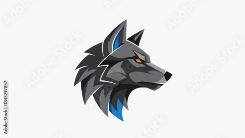 Stylized howling wolf head logo with blue accents and sharp geometric design.