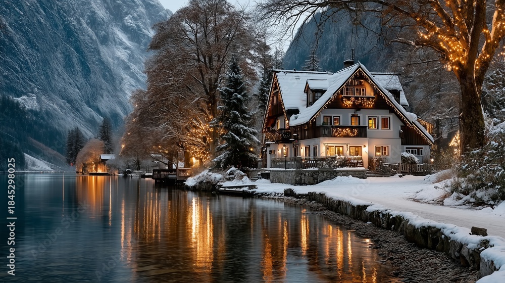 Fototapeta premium Cozy winter cabin by serene lake with snow-covered trees and warm glowing lights