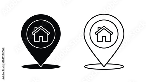 Two location pin icons depicting a house one filled and one outlined