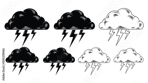 Dark and light storm clouds with lightning bolts weather icons set