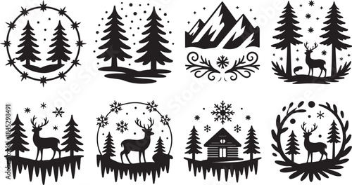 Set of eight black and white winter nature and cabin graphic designs Keywords: winter, nature, cabin, deer, trees, mountains, snowflakes, snow, ice, frost, branches, leaves, circle, frame, graphic
