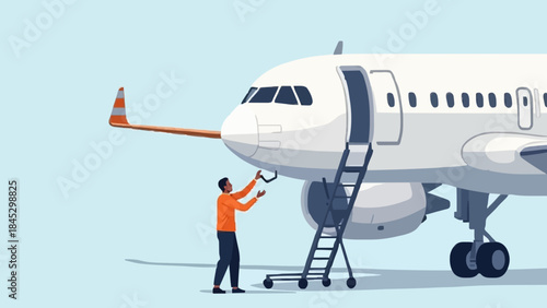 Aircraft Maintenance Engineer Inspecting Aircraft Wing Structure – Vector Illustration