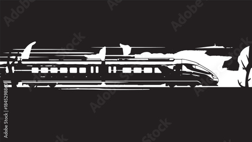 Silhouette of a high speed train in motion and urban transport.