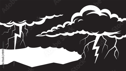 Monochrome stormy landscape featuring jagged lightning, dramatic mountains, and stark silhouettes.