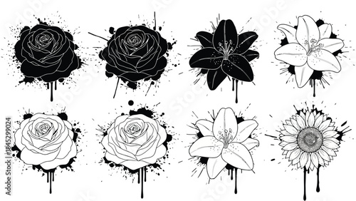 A collection of monochrome floral illustrations featuring roses lilies and sunflowers