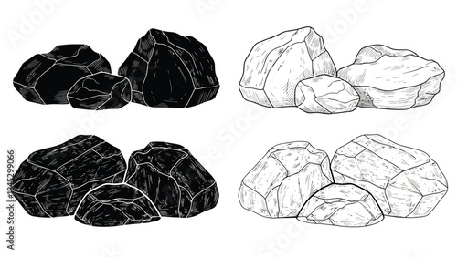 A set of sketched rocks displaying contrasting black and white tones