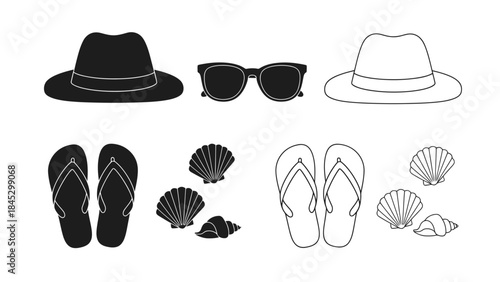 Summer accessories including hats sunglasses flip flops and seashells in black and white