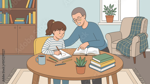 Parent helping child with homework. Father teaching daughter. Kid learning, drawing, reading book. Education, family bonding, homeschooling concept. Tutor support. Dad and girl study happy.