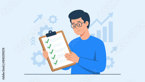 Business productivity concept. Man with clipboard and completed checklist. Task management success. Goal achievement. Efficiency planning. To do list done. Strategy work. Check mark.