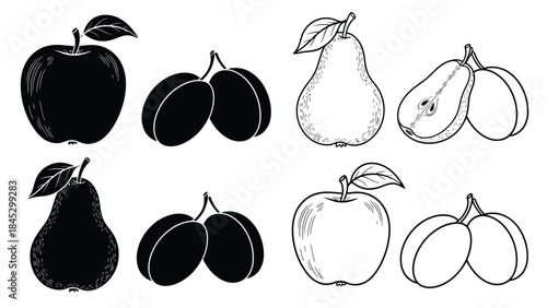 Black and white illustration of various fruits including apples pears and plums
