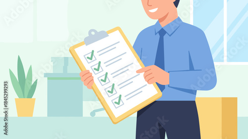 Businessman with clipboard checklist. Productivity concept. Completed tasks. Management success. Business goals. Organization. Efficiency. Work done. Checked boxes. Flat vector.