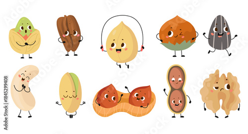 Funny nuts. Cute cartoon seeds, nuts and beans. Healthy snacks characters different emotions. Almond, hazelnut, sunflower seed, peanut, nowaday vector set