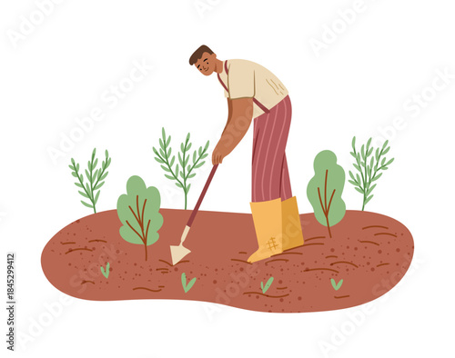 Hoeing and weeding soil from weed and grass. Vector in flat style, isolated male character farming and gardening activities of male personage wearing uniform and wellington boots, farmland or ranch