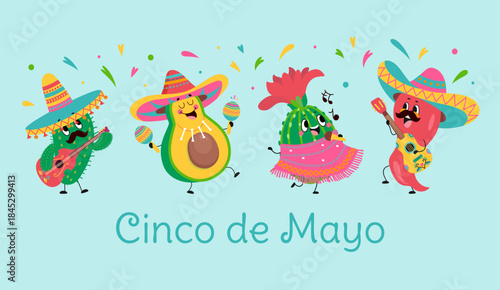 Cinco de mayo banner. Pepper, avocado and cactus wear traditional mexican costumes and sombrero. Musical characters dancing, nowaday vector banner