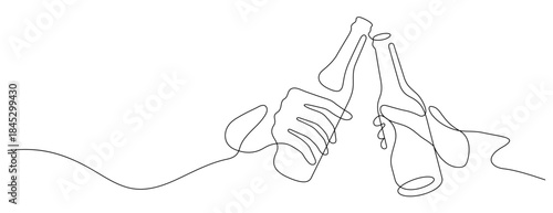beer clinking one line drawing continuous minimalism. beer bottle celebratory toasting thin line illustration copy space