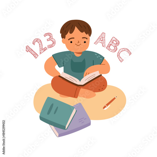 Child learning how to read. Vector in flat style, isolated cute kid with books, new language education, alphabet for children. Lessons for elementary class, primary schoolchild or preschooler